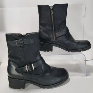 Eastland Womens Belmont Combat Moto Boot Black Leather 9 Chunky Bootie Casual